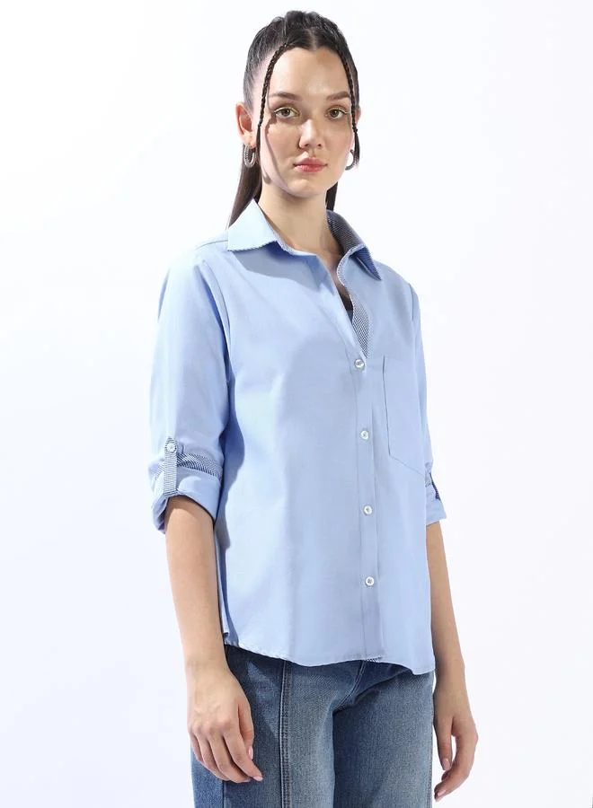 HIGH STAR Women's Blue 100% Cotton Colour Blocked Button Down Oversized Shirt