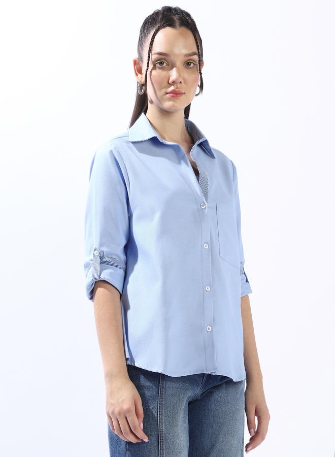 HIGH STAR Women's Blue 100% Cotton Colour Blocked Button Down Oversized Shirt - Image 1