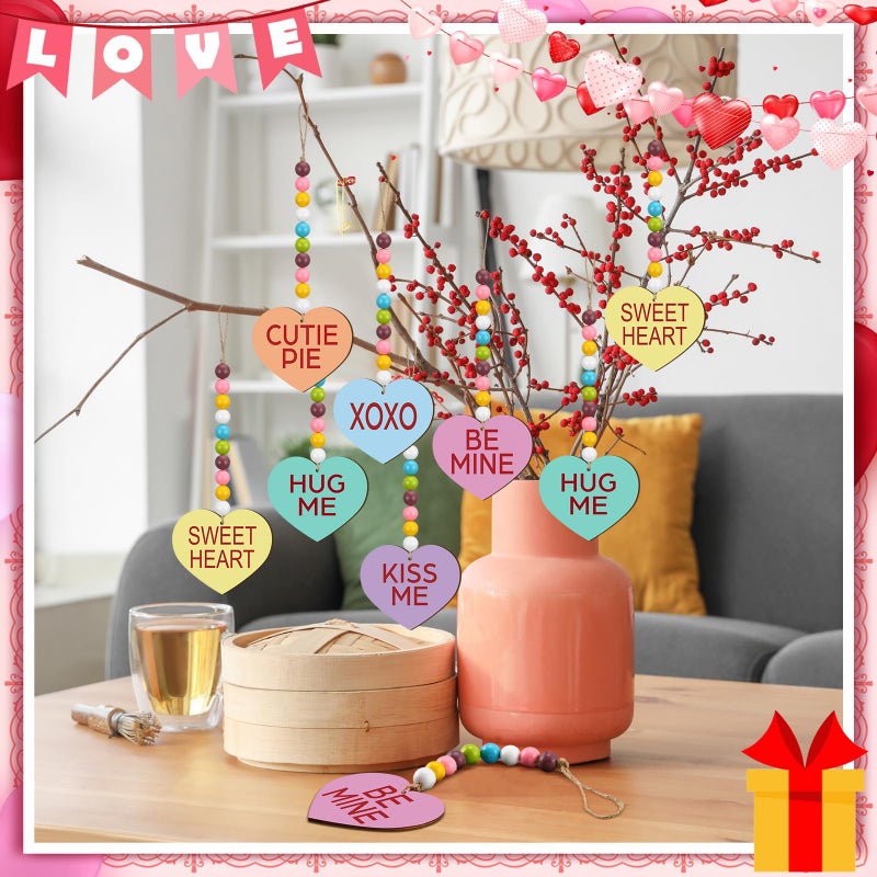 Vercraft 12 Pcs Valentines's Day Decoration Conversation Wood Bead Heart Tree Ornaments Kiss Hug Sweet Mine Colorful Valentine Tree Decoration Garland with Rope for Party Wall Home Decor - Image 5