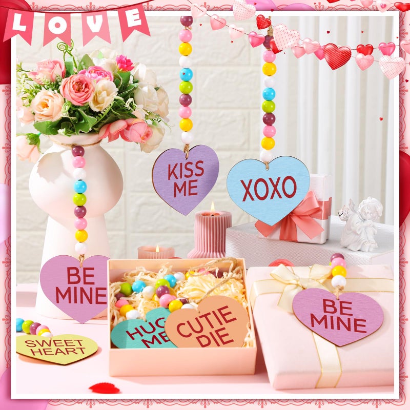 Vercraft 12 Pcs Valentines's Day Decoration Conversation Wood Bead Heart Tree Ornaments Kiss Hug Sweet Mine Colorful Valentine Tree Decoration Garland with Rope for Party Wall Home Decor - Image 3