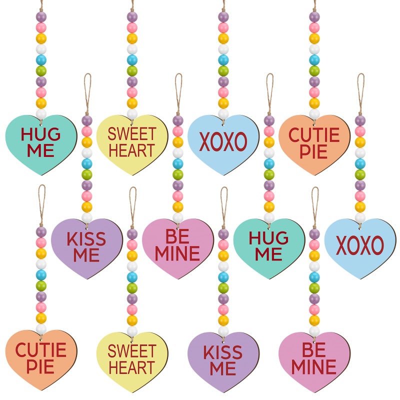 Vercraft 12 Pcs Valentines's Day Decoration Conversation Wood Bead Heart Tree Ornaments Kiss Hug Sweet Mine Colorful Valentine Tree Decoration Garland with Rope for Party Wall Home Decor - Image 1