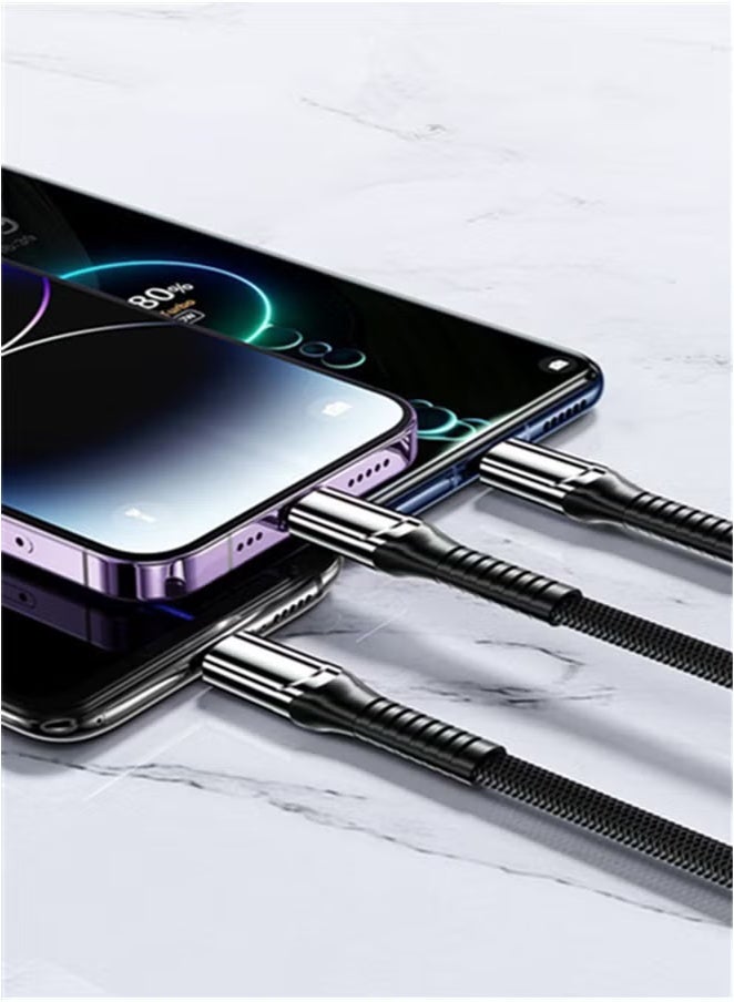 كابل شحن USB ثلاثي الوظائف + نقل بيانات 200 واط تصميم نايلون مضفر فائق السرعة، متوافق مع عدة منافذ بما في ذلك موصلات Type-C و Micro USB و IP. مناسب للهواتف الذكية والأجهزة اللوحية وبطاريات الشحن الخارجية والأجهزة المماثلة. طول الكابل: 1.3 متر. (أسود) - Image 2