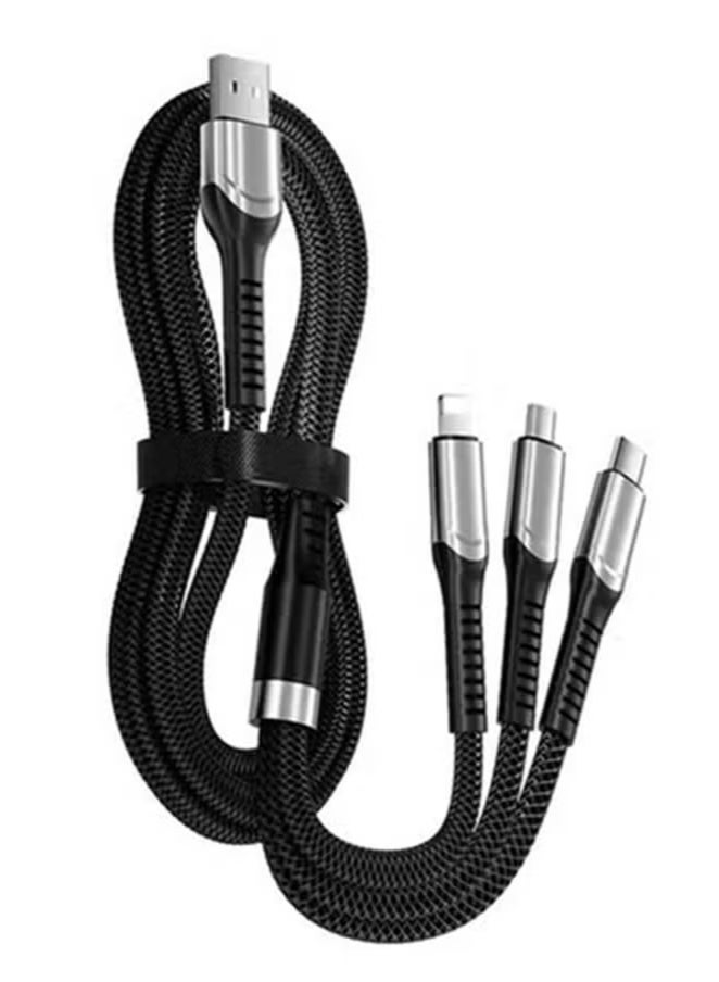 كابل شحن USB ثلاثي الوظائف + نقل بيانات 200 واط تصميم نايلون مضفر فائق السرعة، متوافق مع عدة منافذ بما في ذلك موصلات Type-C و Micro USB و IP. مناسب للهواتف الذكية والأجهزة اللوحية وبطاريات الشحن الخارجية والأجهزة المماثلة. طول الكابل: 1.3 متر. (أسود) - Image 1