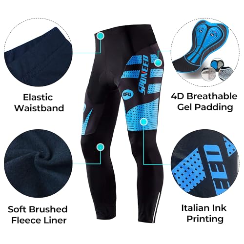 sponeed Men's Bike Riding Tights Thermal Fleece Cycling Compression Pants Windproof Bicycles Ride Gear US L Blue - Image 4