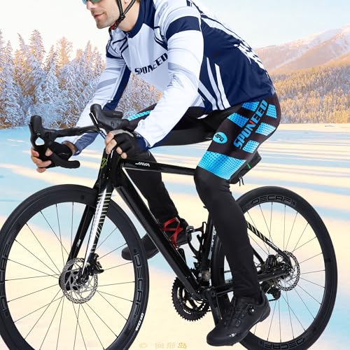 sponeed Men's Bike Riding Tights Thermal Fleece Cycling Compression Pants Windproof Bicycles Ride Gear US L Blue - Image 3