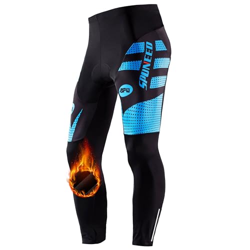 sponeed Men's Bike Riding Tights Thermal Fleece Cycling Compression Pants Windproof Bicycles Ride Gear US L Blue - Image 1