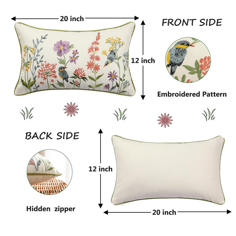 Tosleo Embroidered Throw Pillow Covers 12 x 20 inch Pack of 2 Vintage Birds with Flowers Farmhouse Pillow Cushion Cases Decorative Pillowcases Home Decor Square Floral Pillow Case - Image 2