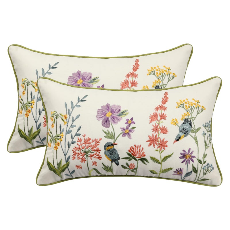 Tosleo Embroidered Throw Pillow Covers 12 x 20 inch Pack of 2 Vintage Birds with Flowers Farmhouse Pillow Cushion Cases Decorative Pillowcases Home Decor Square Floral Pillow Case - Image 1