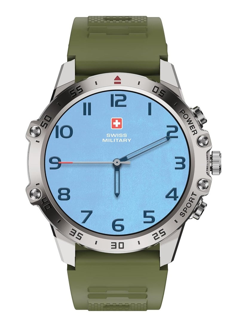 سويس ميليتري ساعة ذكية سويسرية عسكرية دوم5 1.43 " أمولد ، اتصال بلوتوث ، تتبع الصحة واللياقة البدنية ، آي بي 68 ، شحن لاسلكي - إطار فضي وحزام أخضر - Image 1