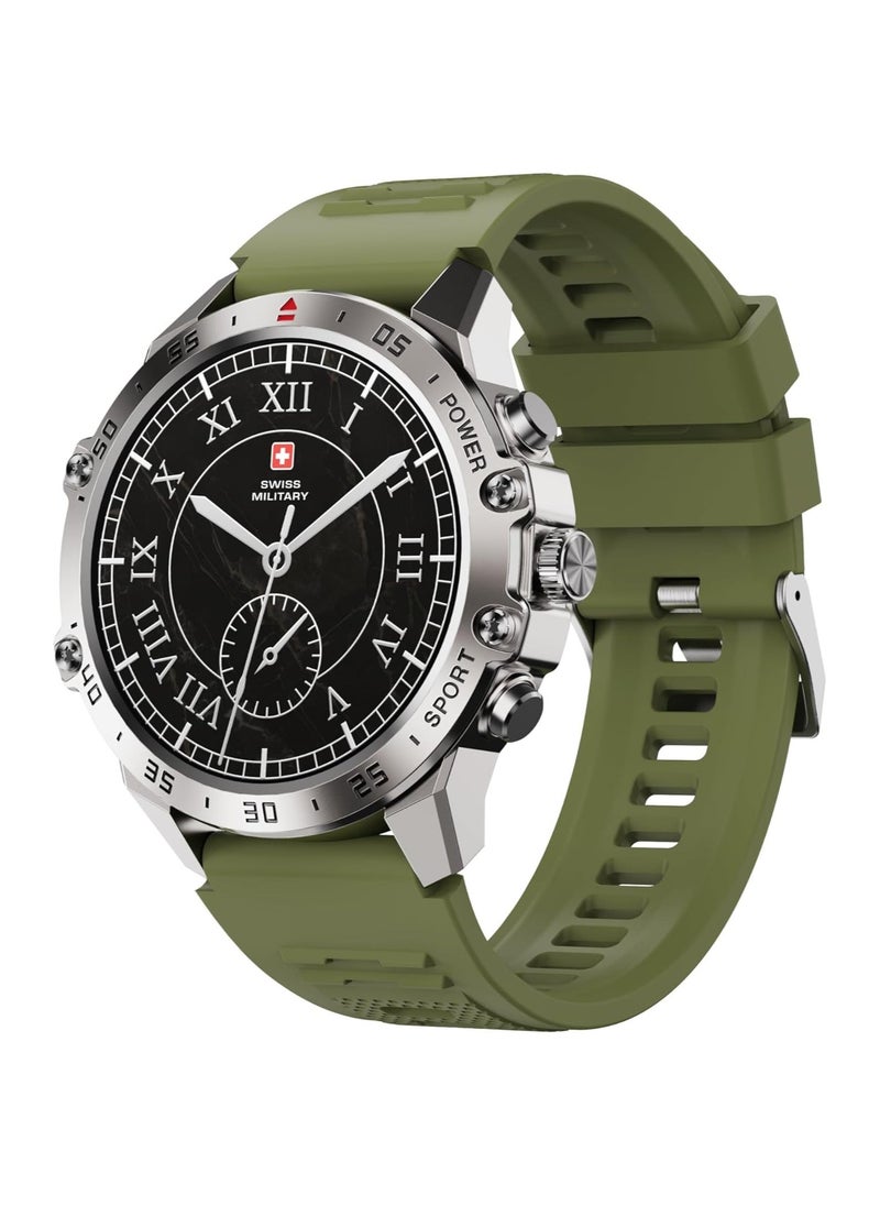 سويس ميليتري ساعة ذكية سويسرية عسكرية دوم5 1.43 " أمولد ، اتصال بلوتوث ، تتبع الصحة واللياقة البدنية ، آي بي 68 ، شحن لاسلكي - إطار فضي وحزام أخضر - Image 4