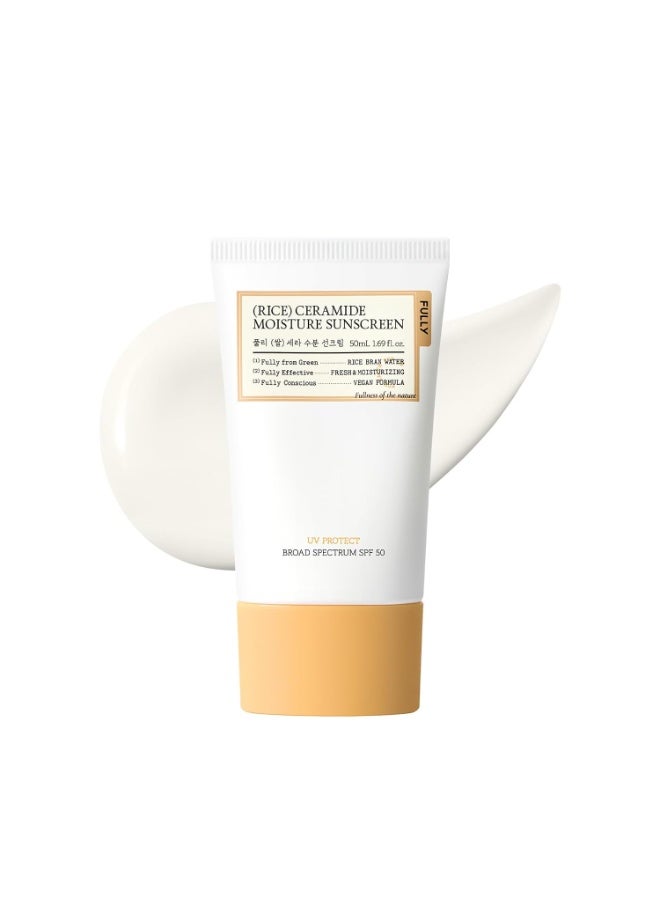 Fully Rice Ceramide Moisture Sunscreen with Panthenol, SPF 50 Broad Spectrum, Korean Sunscreen for All Skin Types, No White Cast, Lightweight, Hydrating, Vegan, Korean Skin Care, 1.69 fl. oz. - Image 1