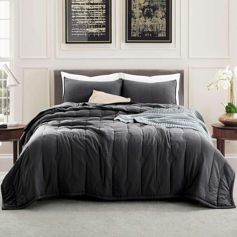 ANNAZ HOME King Quilt Set Lightweight Bedding Set Washed Soft Fabric Grey Boho Embroidered Coverlet AllSeason Machine Washable 3Piece Set 1 Quilt  2 Shams Charcoal King Set