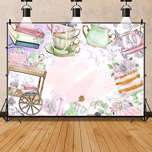 DORCEV 7x5ft Tea Party Backdrop for Photography Pink Floral Teapot Let's Partea Photo Background Afternoon Tea Floral Tea Party Baby Shower Little Princess Birthday Party Decor Cake Table Banner - Image 4