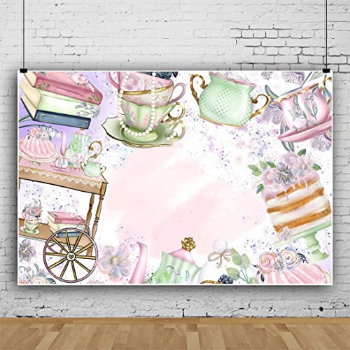 DORCEV 7x5ft Tea Party Backdrop for Photography Pink Floral Teapot Let's Partea Photo Background Afternoon Tea Floral Tea Party Baby Shower Little Princess Birthday Party Decor Cake Table Banner - Image 3