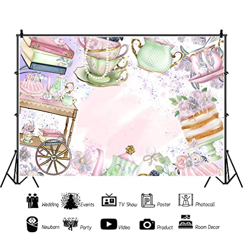 DORCEV 7x5ft Tea Party Backdrop for Photography Pink Floral Teapot Let's Partea Photo Background Afternoon Tea Floral Tea Party Baby Shower Little Princess Birthday Party Decor Cake Table Banner - Image 2