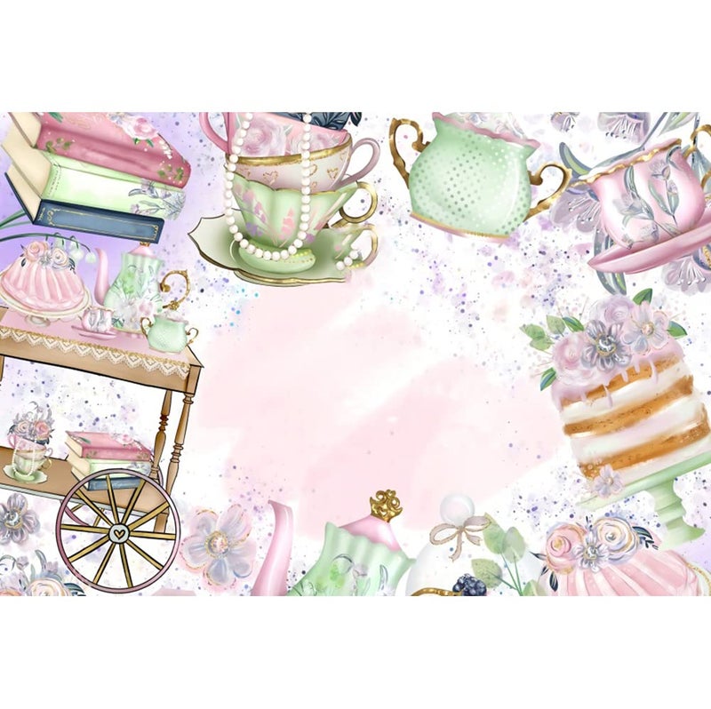 DORCEV 7x5ft Tea Party Backdrop for Photography Pink Floral Teapot Let's Partea Photo Background Afternoon Tea Floral Tea Party Baby Shower Little Princess Birthday Party Decor Cake Table Banner - Image 1