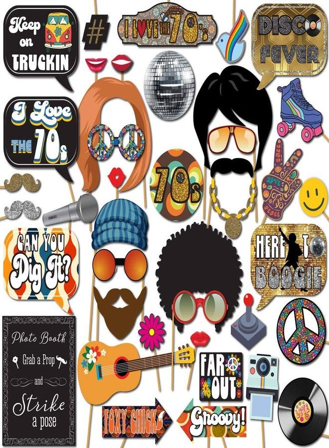 Outside The Booth 70s Photo Booth Props - 41-pc Disco Photo Booth Kit with 8 x 10-Inch Sign, 60 Adhesive Pads, 45 Sticks - Disco Photo Booth Props - 70's Party Props - 70s Decorations - Image 1