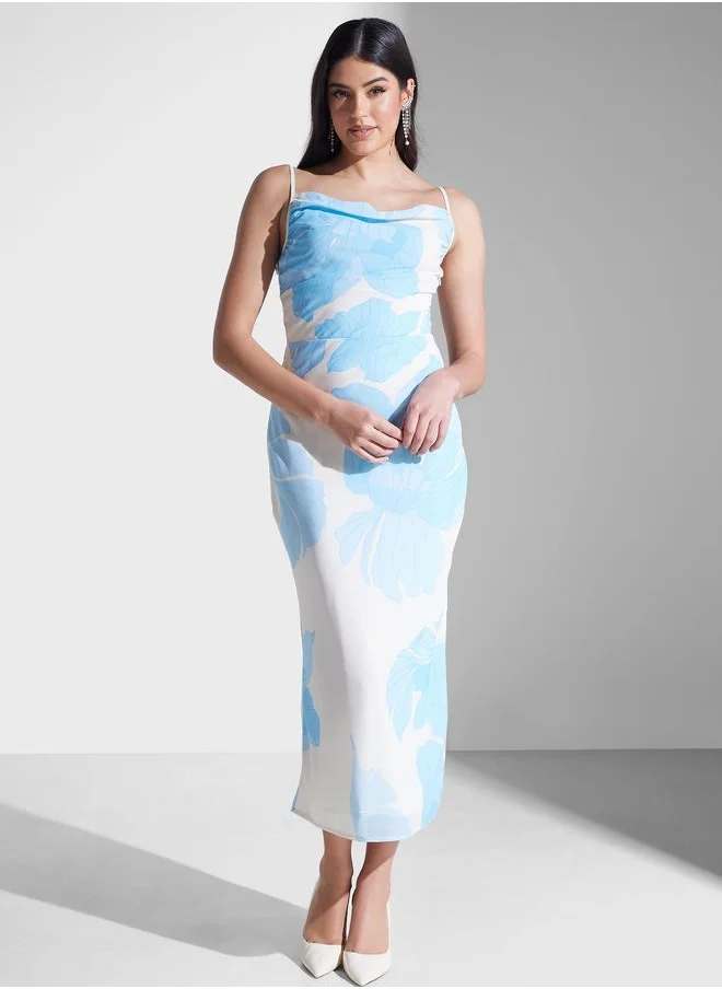 PRETTY LAVISH Cowl Neck Printed Side Slit Dress