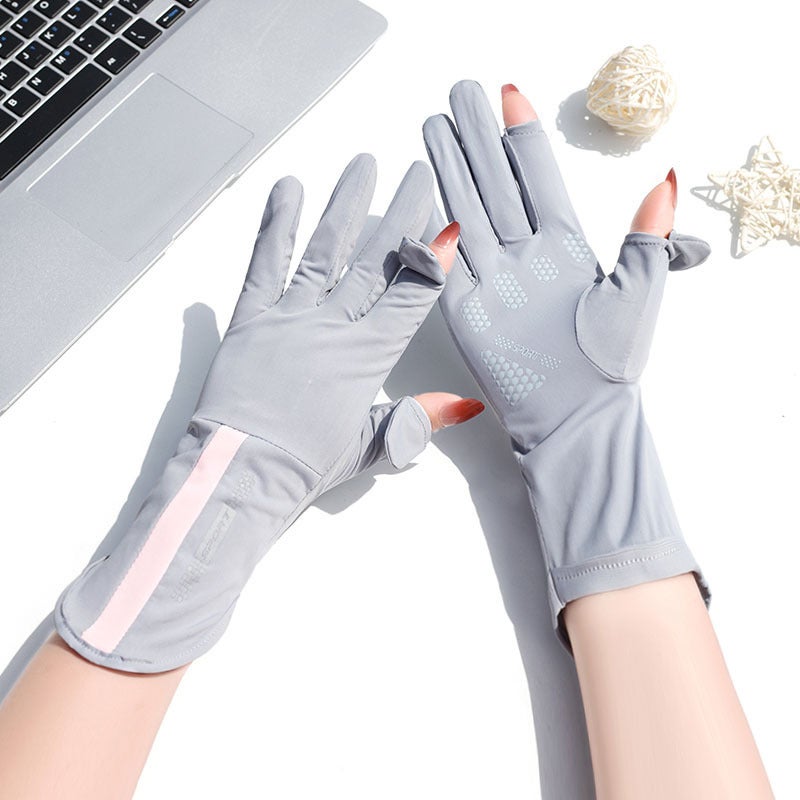 Ladies Summer Sunscreen Gloves, Thin Ice Silk, Touch Screen, Anti-Slip Gray 