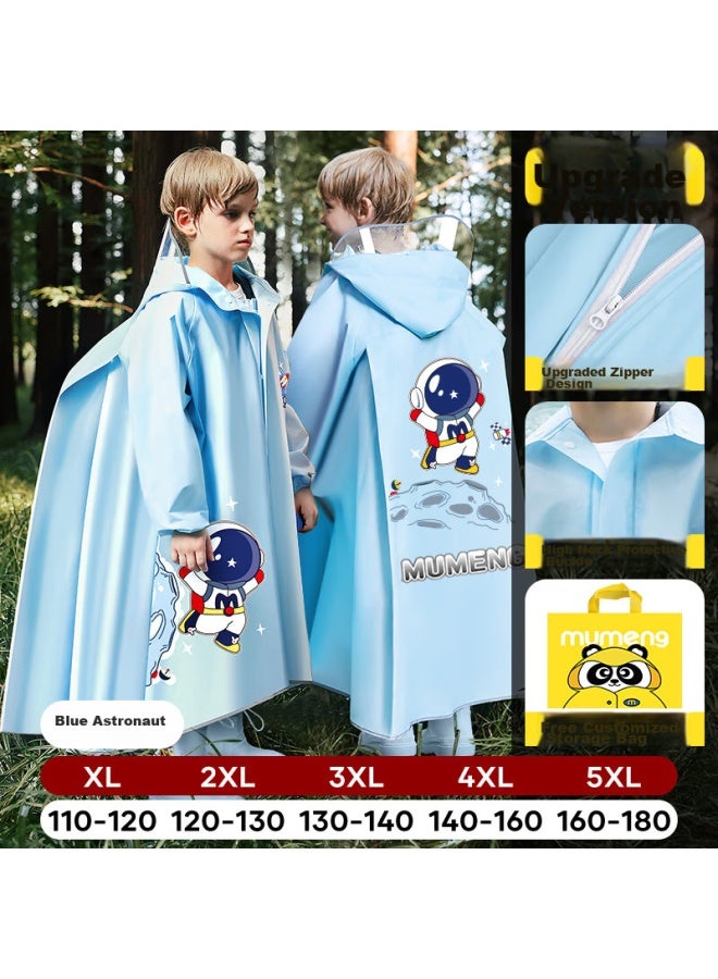 Moremerry Children's Raincoat With Backpack Space, Boys And Girls Extended Full-body Student Poncho, Blue Astronaut Zipper Style, 3XL - Image 1