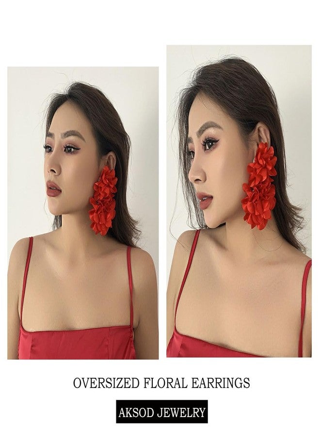 Aksod Large Flower Statement Earrings Red Fabric Flower Earrings Stud Oversized Exaggerated Dangle Earrings Jewelry for Women (Red) - Image 5