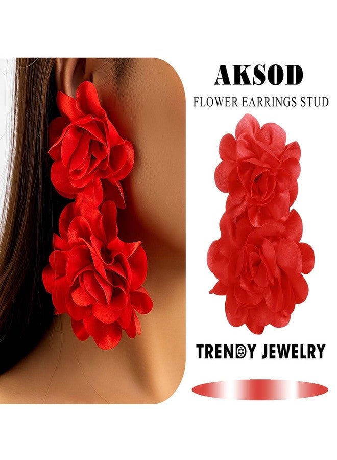 Aksod Large Flower Statement Earrings Red Fabric Flower Earrings Stud Oversized Exaggerated Dangle Earrings Jewelry for Women (Red) - Image 2