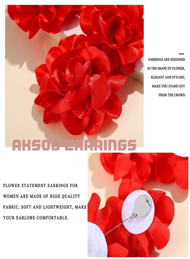 Aksod Large Flower Statement Earrings Red Fabric Flower Earrings Stud Oversized Exaggerated Dangle Earrings Jewelry for Women (Red) - Image 3