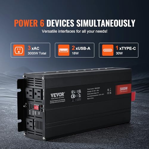 VEVOR Modified Sine Wave Inverter, 3000Watt Power Inverter DC 12V to AC 120V LCD Display with 3 AC Outlets 2 USB Port 1 Type-C Port 10 Spare Fuses, for Large Household Equipment, CE FCC Certified - Image 3