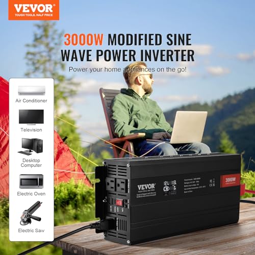 VEVOR Modified Sine Wave Inverter, 3000Watt Power Inverter DC 12V to AC 120V LCD Display with 3 AC Outlets 2 USB Port 1 Type-C Port 10 Spare Fuses, for Large Household Equipment, CE FCC Certified - Image 2