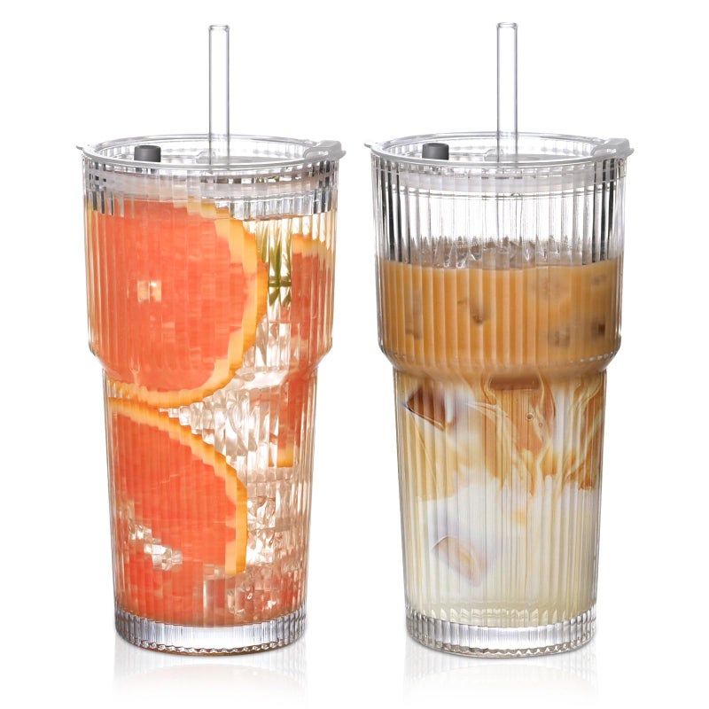 AUFXKOO 20oz Ribbed Glass Cups with Lids and Straws,2PCS Glass Tumbler with Straw and Lid,Iced Coffee Cups Drinking Glasses for Juice Whiskey Cocktail Beer - Image 1