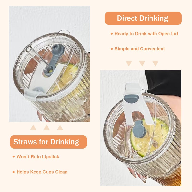 AUFXKOO 20oz Ribbed Glass Cups with Lids and Straws,2PCS Glass Tumbler with Straw and Lid,Iced Coffee Cups Drinking Glasses for Juice Whiskey Cocktail Beer - Image 3