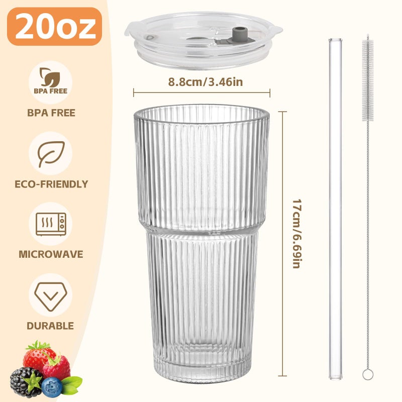 AUFXKOO 20oz Ribbed Glass Cups with Lids and Straws,2PCS Glass Tumbler with Straw and Lid,Iced Coffee Cups Drinking Glasses for Juice Whiskey Cocktail Beer - Image 2