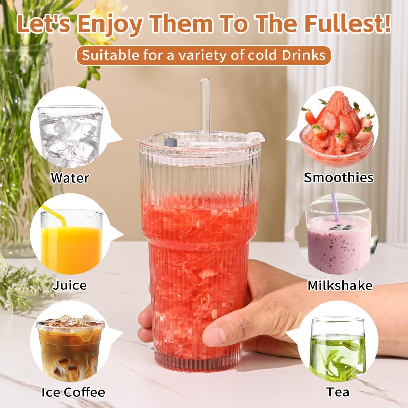 AUFXKOO 20oz Ribbed Glass Cups with Lids and Straws,2PCS Glass Tumbler with Straw and Lid,Iced Coffee Cups Drinking Glasses for Juice Whiskey Cocktail Beer - Image 4