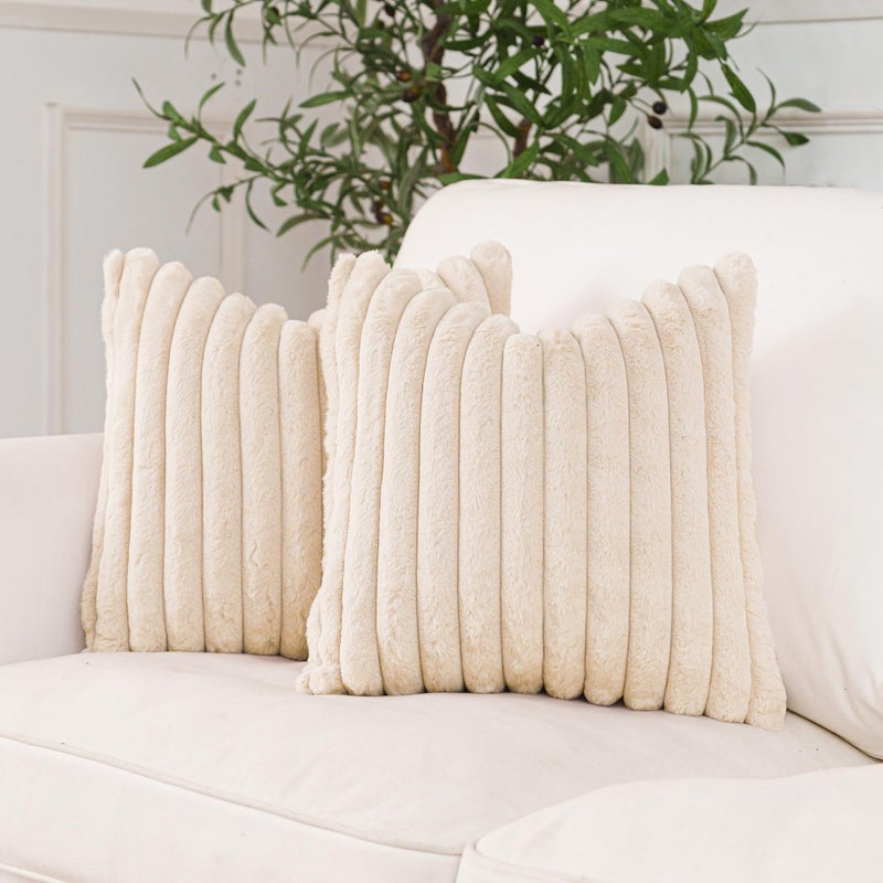 NiNi ALL Faux Fur Plush Throw Pillow Covers Beige 18x18 Inch Set of 2 Decorative Soft Plush Striped Couch Pillow Cover for Sofa Cushion Cases for Couch Bed Home Decor - Image 1