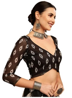 SIRIL SIRIL Women's Geometric Printed Cotton Saree with Blouse(2585S239_White, Grey)  - Image 5