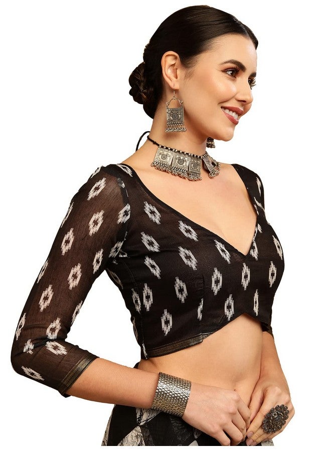 SIRIL SIRIL Women's Geometric Printed Cotton Saree with Blouse(2585S239_White, Grey)  - Image 5