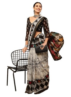 SIRIL SIRIL Women's Geometric Printed Cotton Saree with Blouse(2585S239_White, Grey)  - Image 4