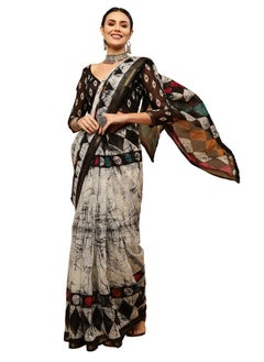 SIRIL SIRIL Women's Geometric Printed Cotton Saree with Blouse(2585S239_White, Grey)  - Image 2