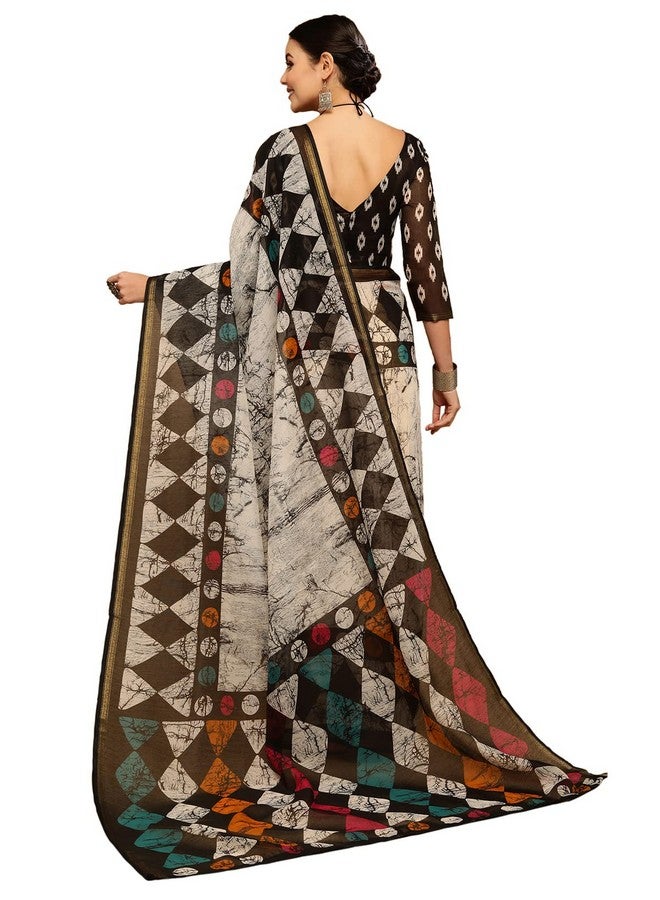 SIRIL SIRIL Women's Geometric Printed Cotton Saree with Blouse(2585S239_White, Grey)  - Image 3