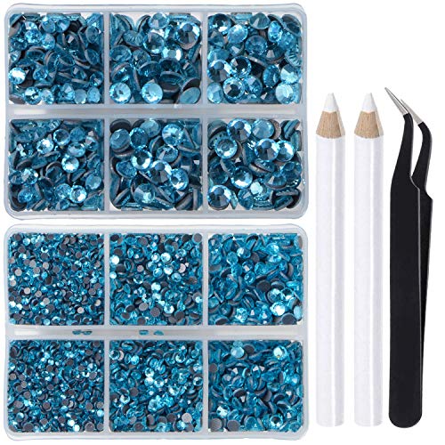 LPBeads 6400 Pieces Hotfix Rhinestones Aquamarine Flat Back 5 Mixed Sizes Crystal Round Glass Gems with Tweezers and Picking Rhinestones Pen - Image 1
