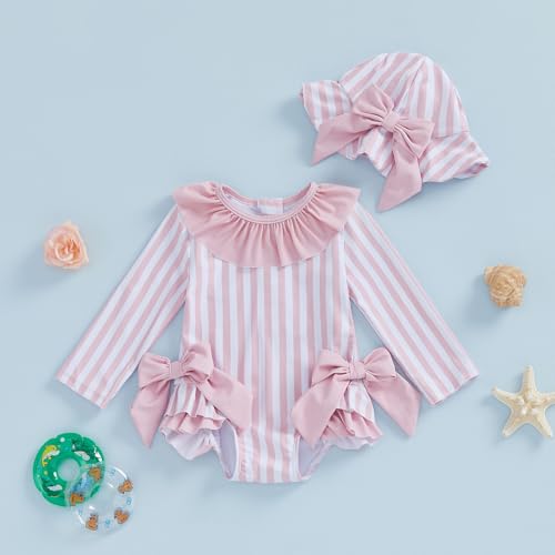 ZyHwShine Baby Girl Swimsuit Long Sleeve One Piece Swimsuit Romper with Hat Baby Girl Bathing Suit Infant Beach Rash Guard (Pink, 12-18 Months) - Image 3
