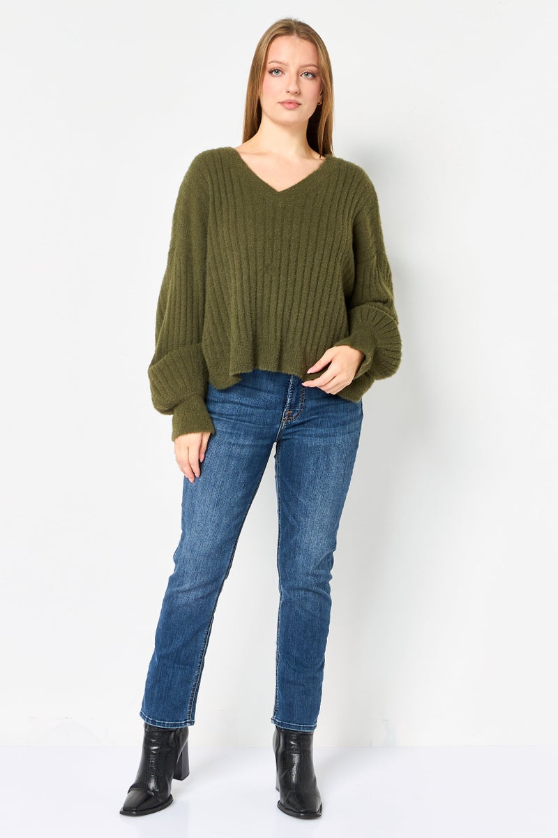Aerie Women V-Neck Knitted Sweater, Green - Image 4