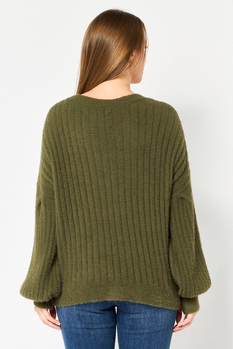 Aerie Women V-Neck Knitted Sweater, Green - Image 3