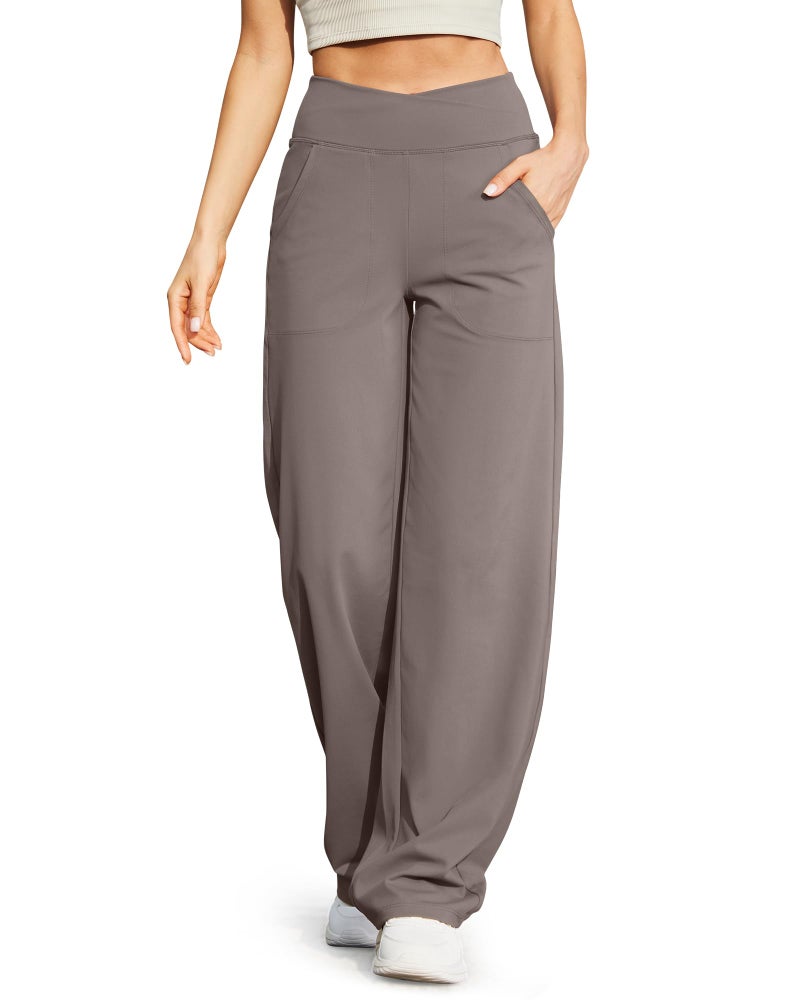 G4Free Womens Dress Pants Loose Wide Leg Yoga Pants with Pockets 33 Comfy Stretch Palazzo Lounge Casual PantsTaupeM33 - Image 2