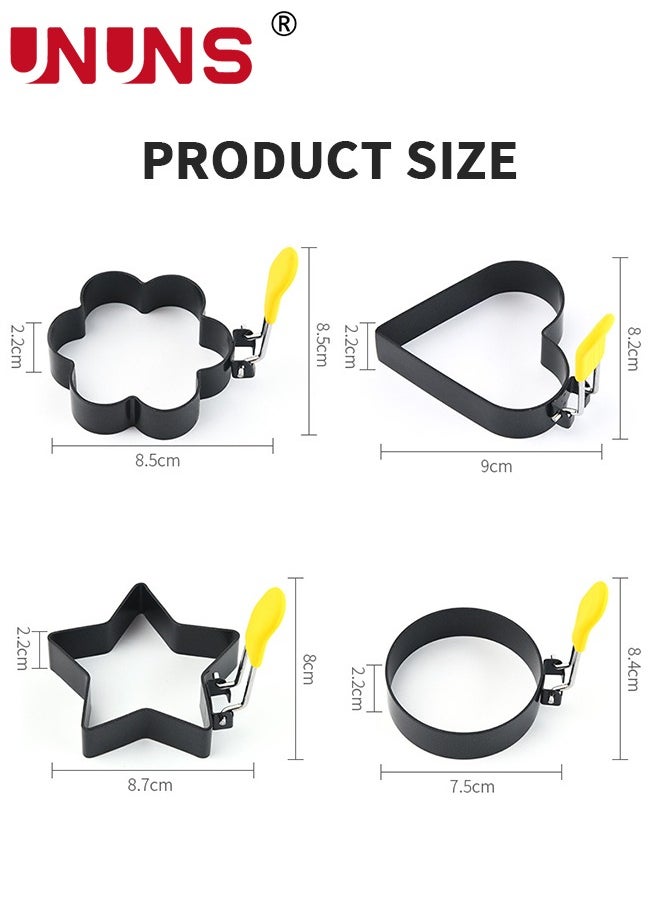 Egg Rings,4 Pack Egg Pancake Maker Molds With 1 Brush,Stainless Steel Non Stick Metal 4 Shapes Mold With Yellow Silicone Handle,For Breakfast,Mini Pancakes,Fried Eggs