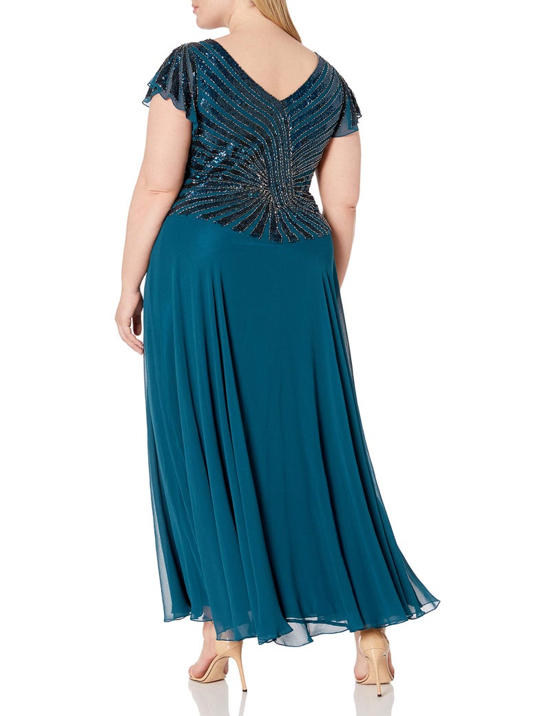 J Kara Women's Pull On Long Dress with Beads Dress, Teal/Mercury, 6P - Image 2
