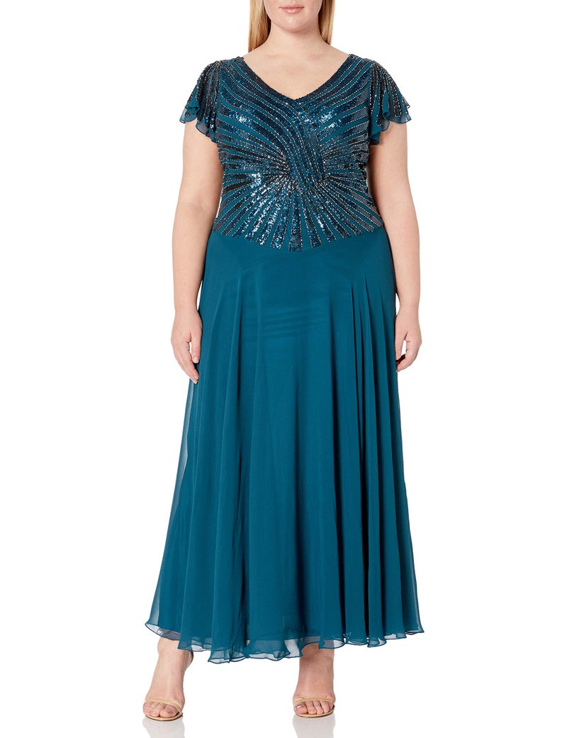 J Kara Women's Pull On Long Dress with Beads Dress, Teal/Mercury, 6P - Image 3