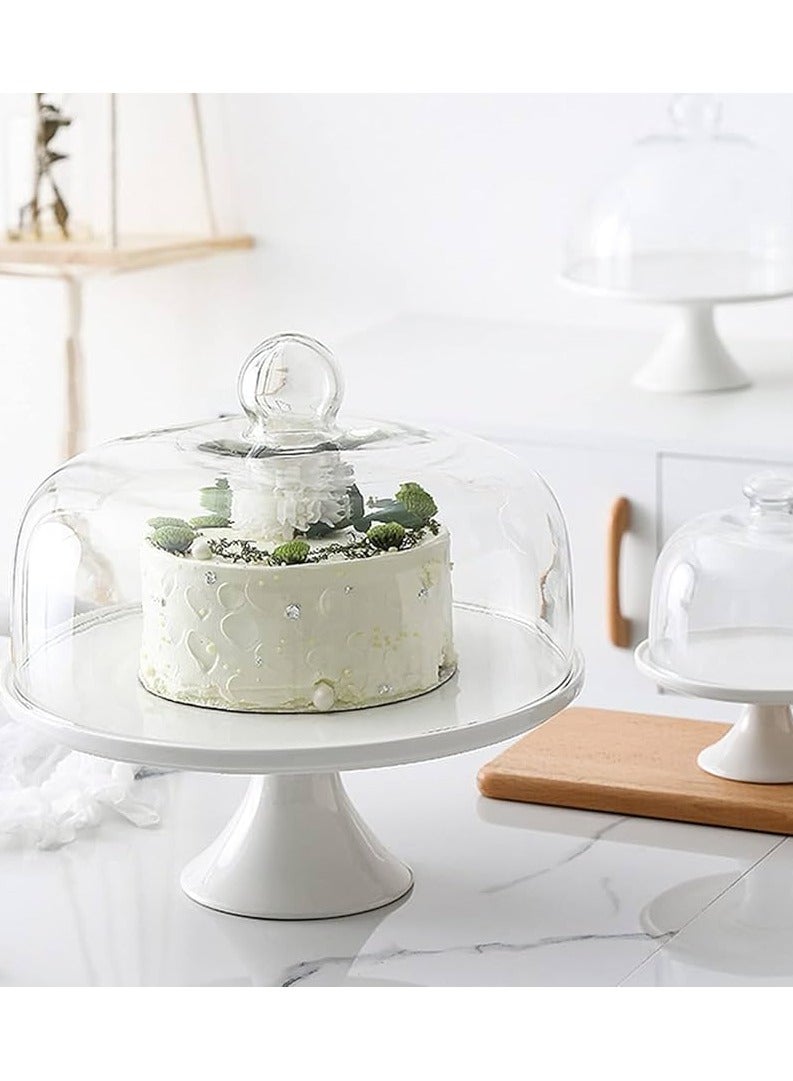 Earss Elegant White Ceramic Pedestal Cake Stand with Glass Dome & Server – Multi-Functional Dessert Display, Pastry Platter, & Food Cover for Parties, Weddings & Home Décor -- 12 Inches - Image 3