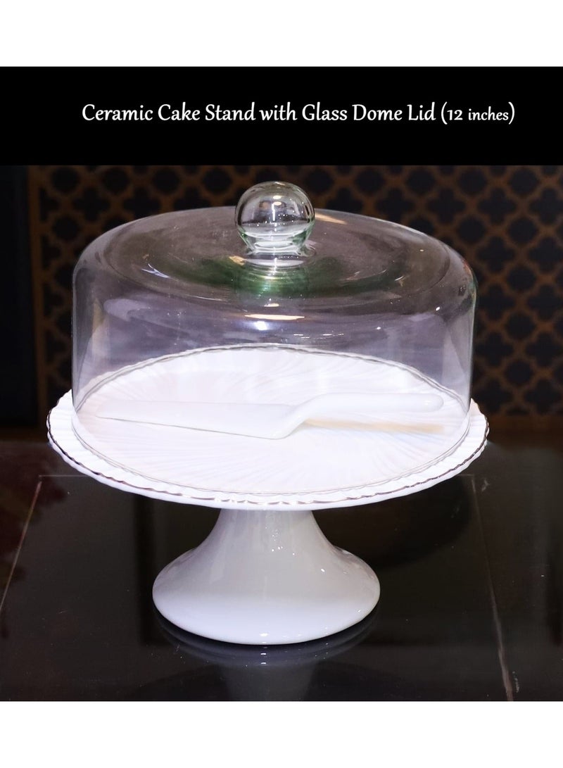 Earss Elegant White Ceramic Pedestal Cake Stand with Glass Dome & Server – Multi-Functional Dessert Display, Pastry Platter, & Food Cover for Parties, Weddings & Home Décor -- 12 Inches - Image 4