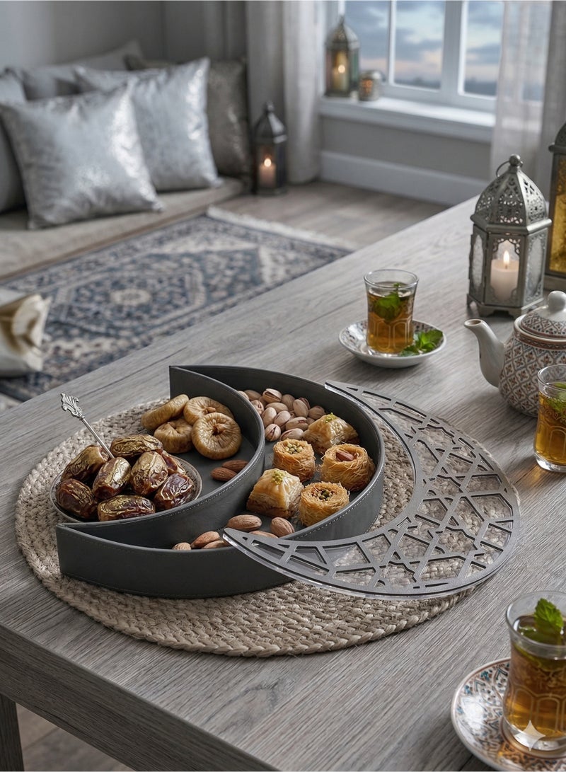 Lamsit Ibdaa صندوق هلال جلدي لعرض رمضان - صندوق ديكور هدية للتمور والمقتنيات والمجوهرات باللون الرمادي - Image 4